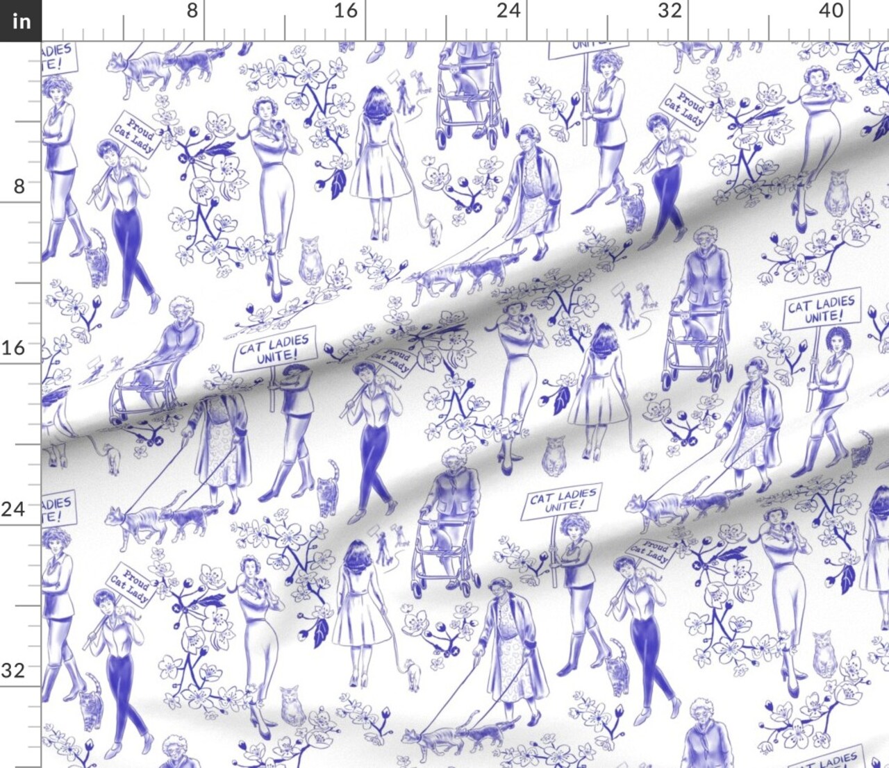 Feminist Cats Women Pets Toile De Jouy Cherry Blossoms Flowers Floral Botanical Novelty Cat Lady Blue And White Animals Preppy Protest March Custom Printed Fabric by Spoonflower Various Fabrics by the Yard or Fat Quarter